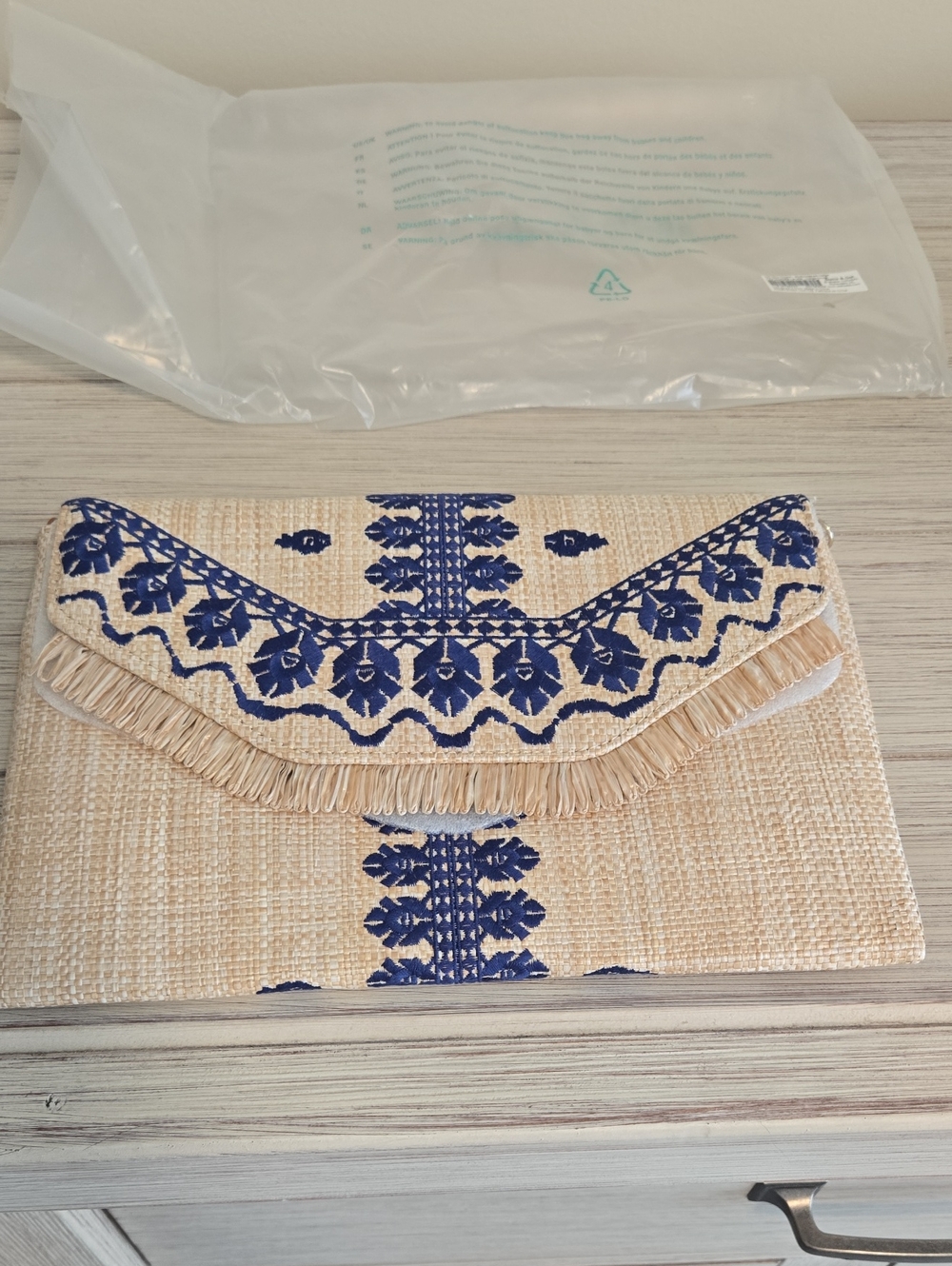 Stella & Dot Indigo Embroidered City Slim Clutch